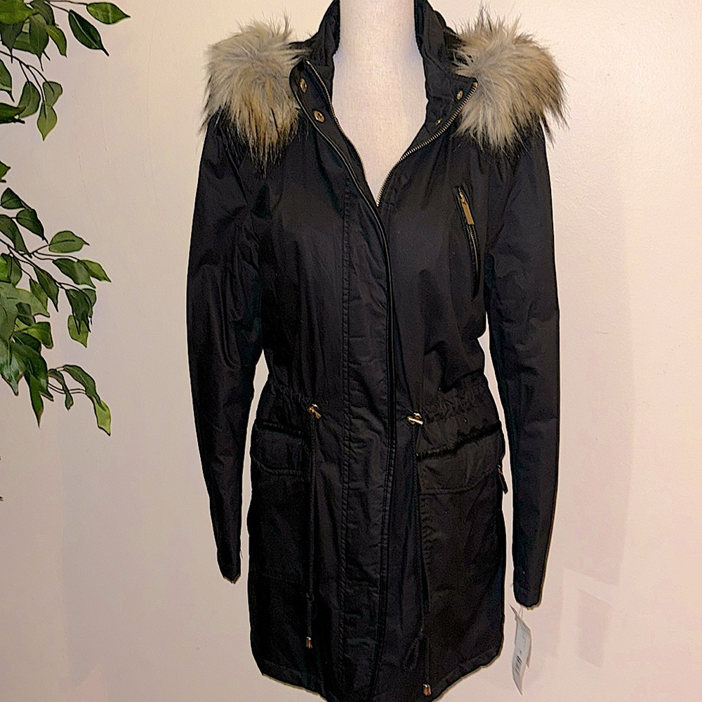 NWT French Connections Black Jacket/Coat With Fur Collar - L